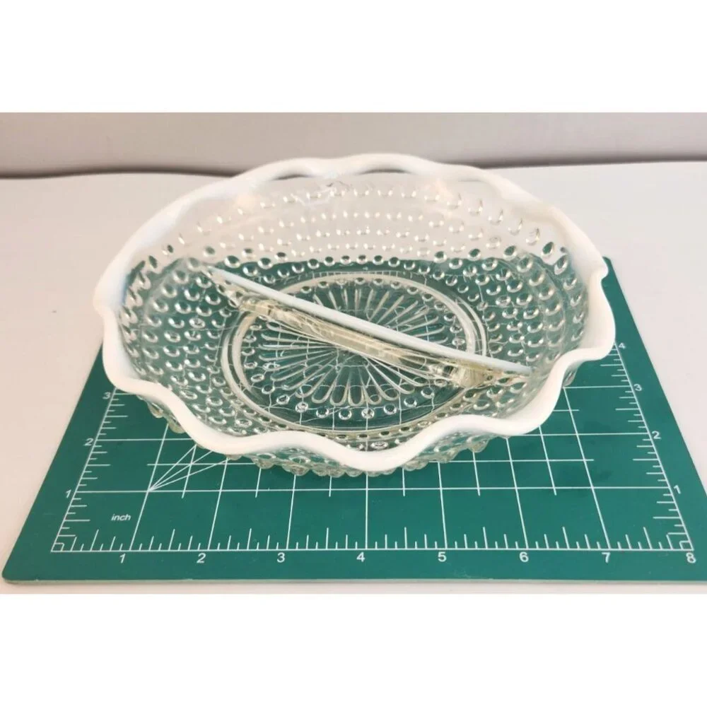 Vintage Hobnail Opalescent Relish Dish Divided Glass Scalloped Serving Bowl